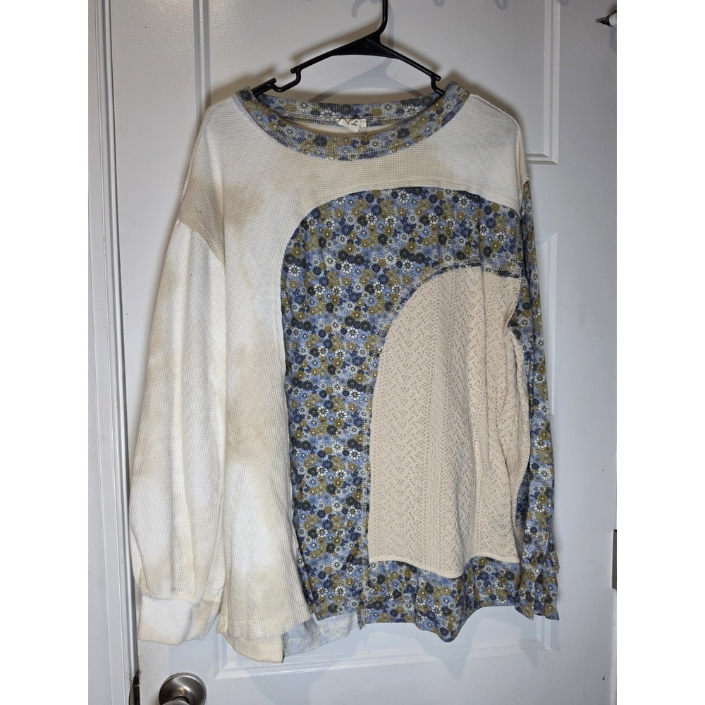 Pol Pullover Crochet Floral Detail Scoop Neck Waffle Knit Tie Dye Womens Size L